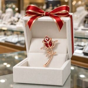 Red Crystal Rose Brooch Pin Rose Gold Tone‎ Floral Rhinestone Jewelry Gift